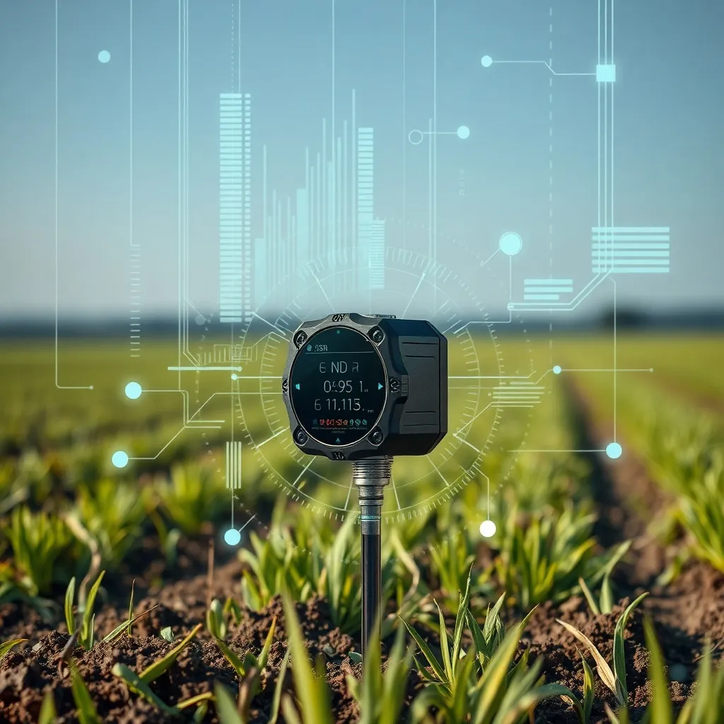 High-tech soil sensor probe in a field, digital data overlay