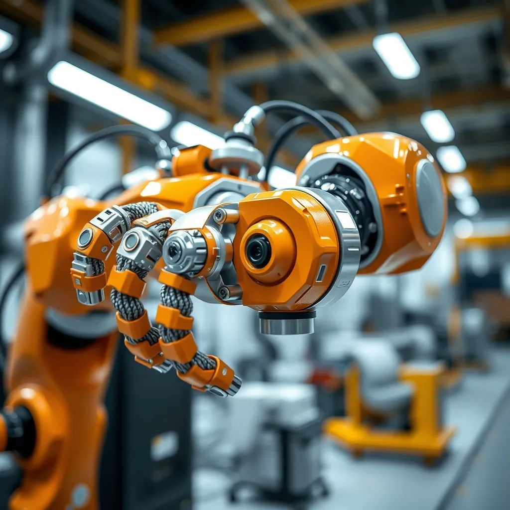 Close-up of a high-tech industrial robotic arm with orange a