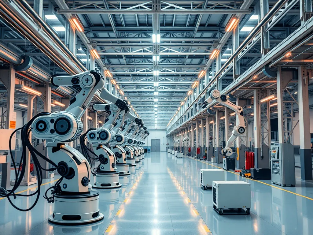 High-tech industrial robotics and AI data visualization in a