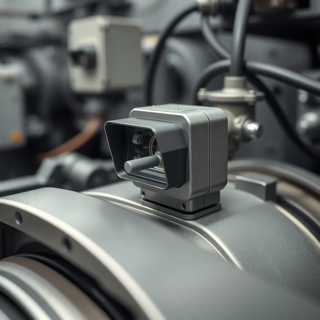 Industrial sensor on a heavy machinery motor, close up, high