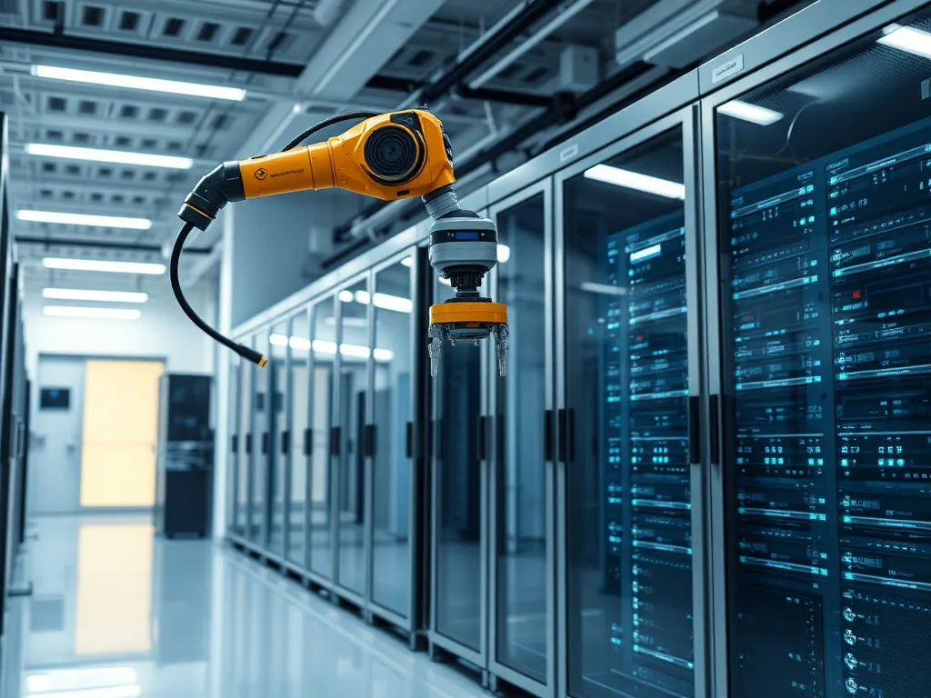 Industrial robotic arm and high-tech computer server room in